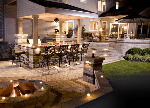 Paver Stone Patio Design with Patio Lighting- Outdoor Kitchen Design