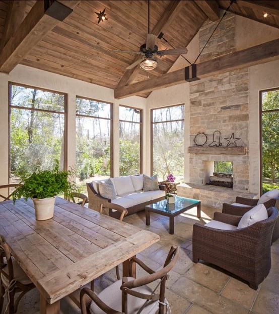 Screened In Porch Design Idea with Wooden Beams- Amazing Deck